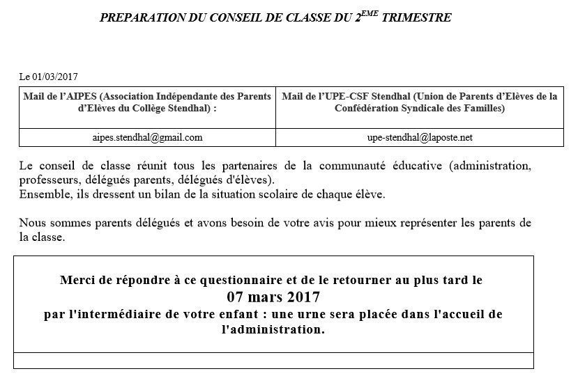 Participation écrite des parents au conseil de classe